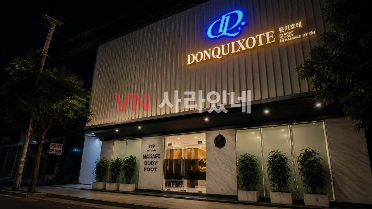 다낭 돈키호테 마사지 응오꾸엔 대로변 949 Ngô Quyền 야간 전경 및 LED 로고 간판