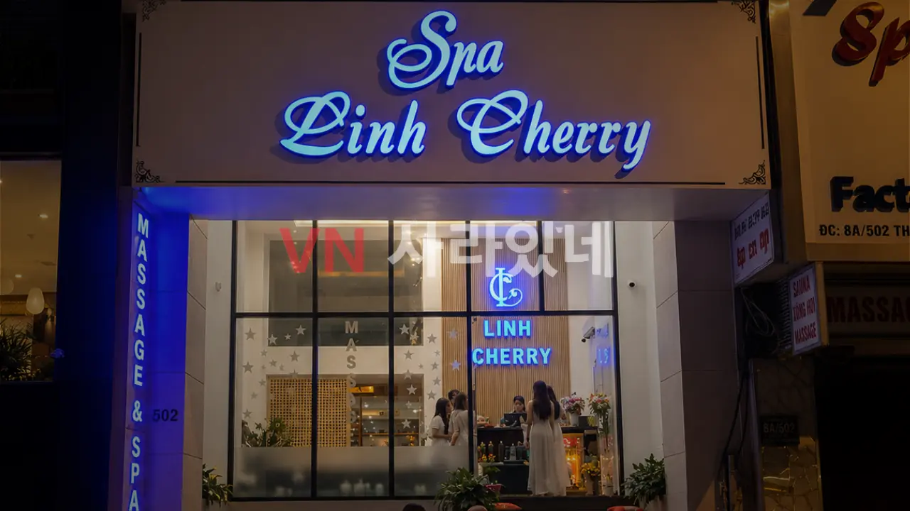 호치민 린체리 스파 야간 외관 — Spa Linh Cherry 네온 블루 간판·유리 파사드·홀 내부 스태프 대기