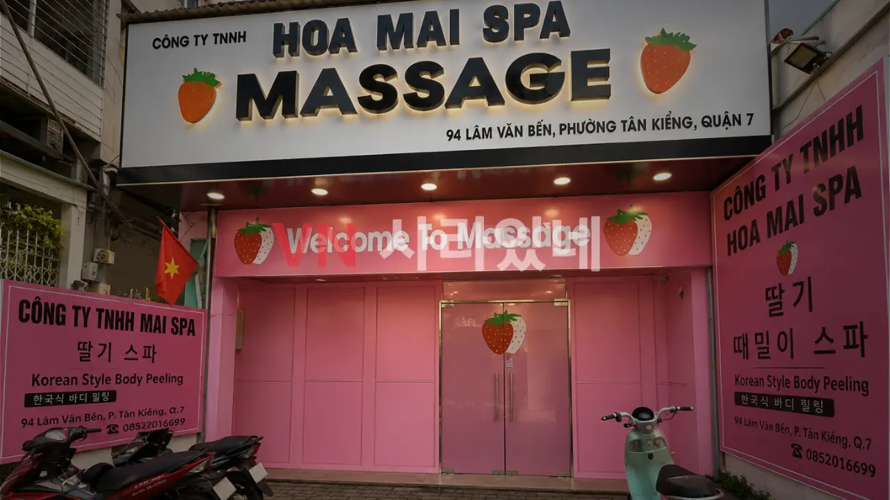 호치민 딸기 때밀이 스파 HOA MAI SPA MASSAGE 외관 — 94 Lâm Văn Bền 7군 핑크 간판·한국어 딸기 스파 표기
